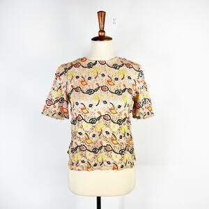 Zara lace beige top shirt with orange and green floral embroidery Size Small